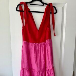 Brand New Petal & Pup Red and Pink Bow Sleeve Midi Dress